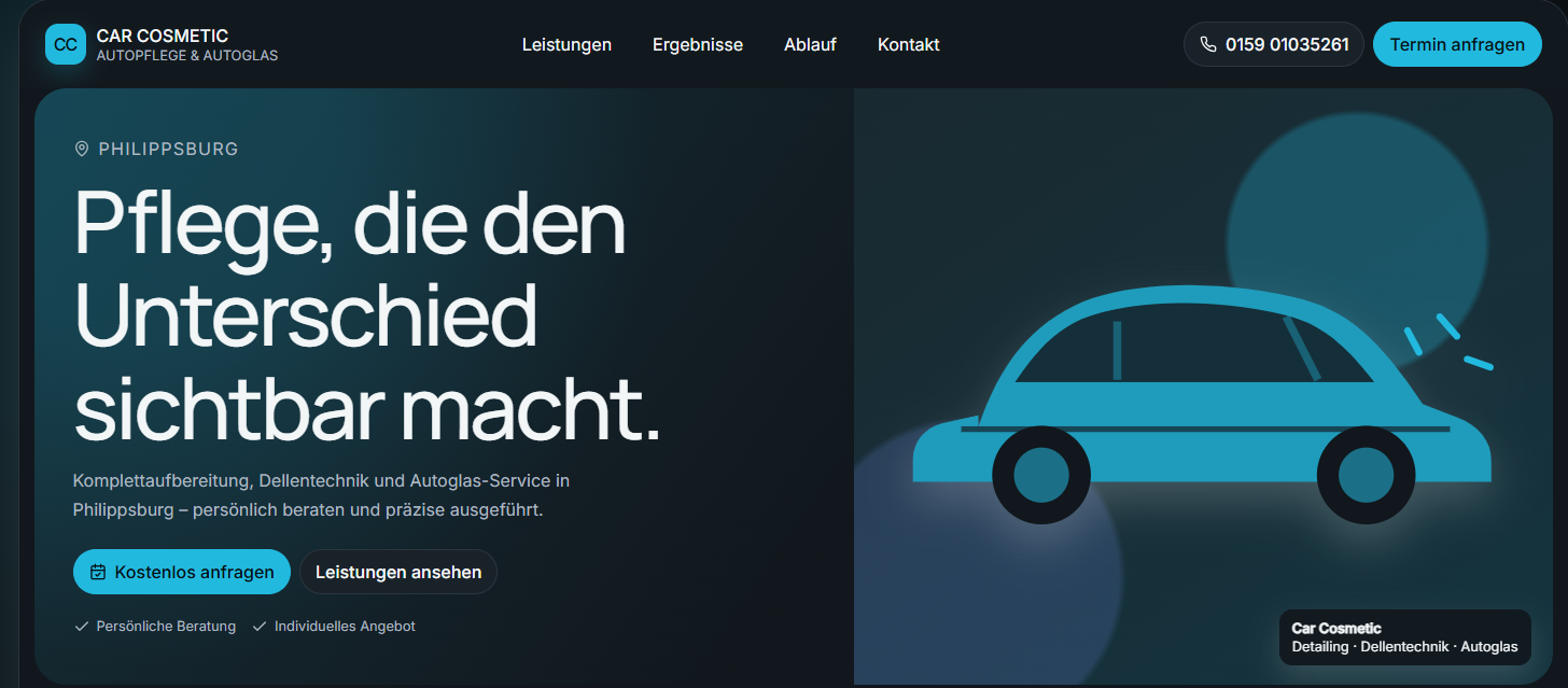 Konzeptansicht der Car-Cosmetic-Website